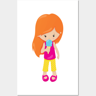 Girl With Ice Cream, Cute Girl, Orange Hair Posters and Art